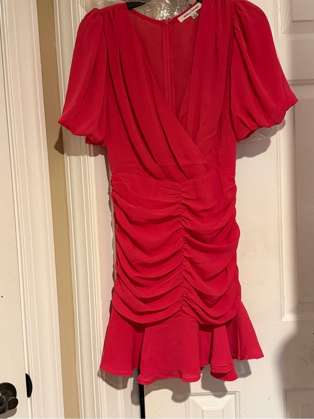 Jealous Tomato Hot Pink Puff-Sleeve Ruched Mini Dress